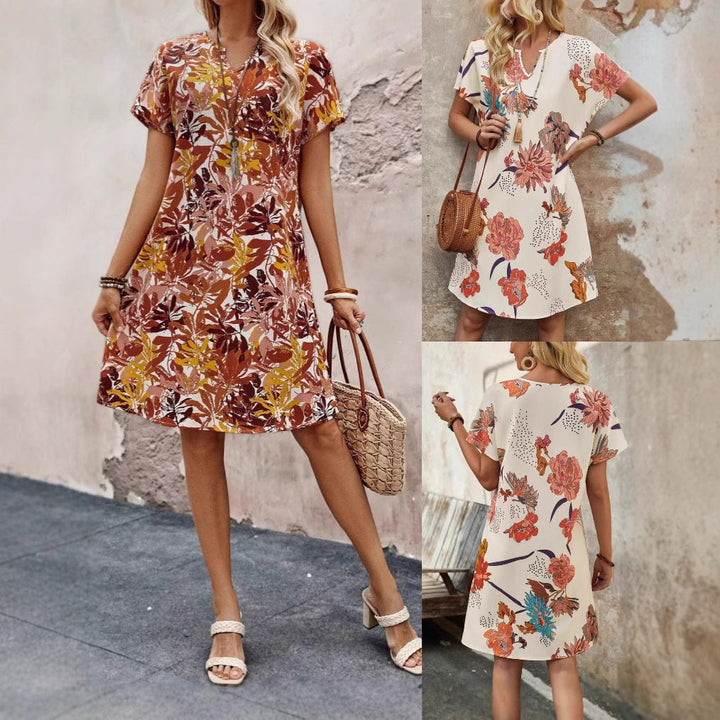 Abito casual da donna con stampa floreale, scollo a V e silhouette lusinghiera