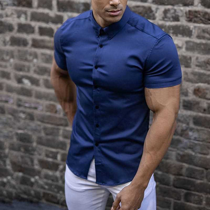 Men's Muscle Fit Short Sleeve Shirt with Stretch – Slim Fit Business Shirt for Fitness & Leisure