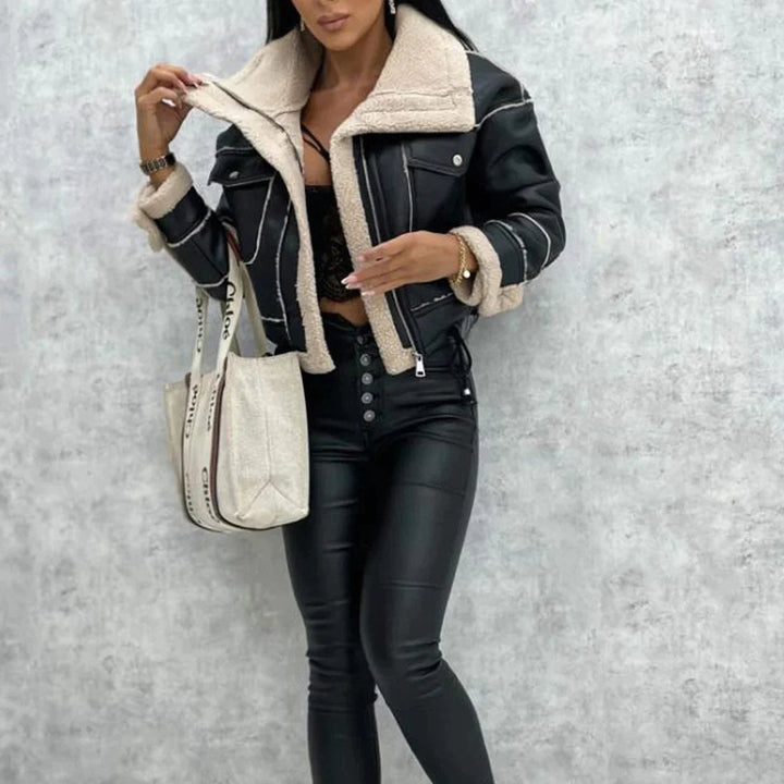 Giacca in pelle casual da motociclista con pelliccia per donne | Perfetta per giornate casual