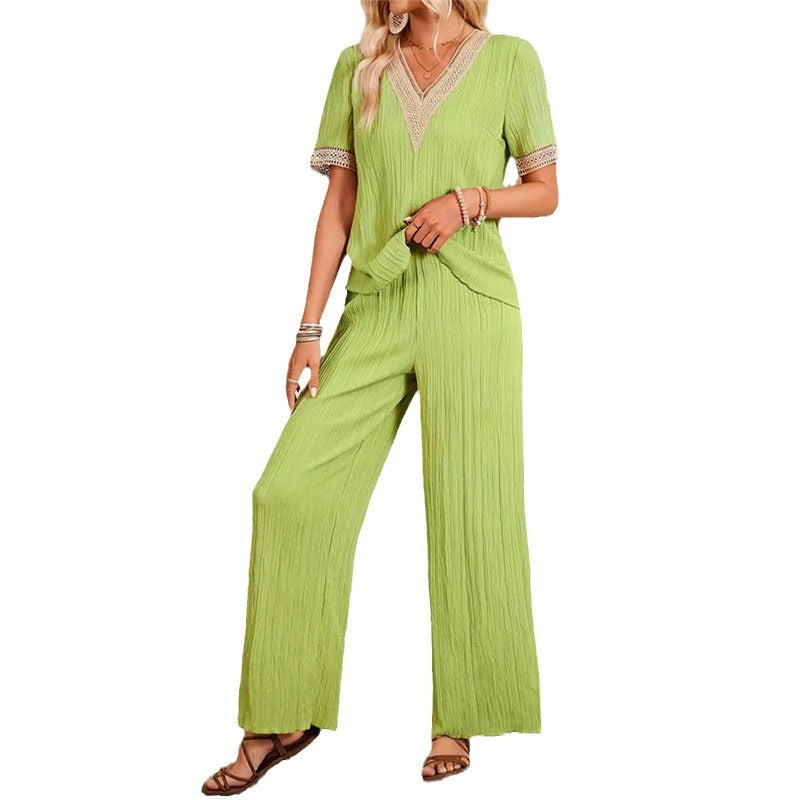Elegante outfit da donna con decorazioni in pizzo – Top casual e pantaloni comodi per ogni occasione