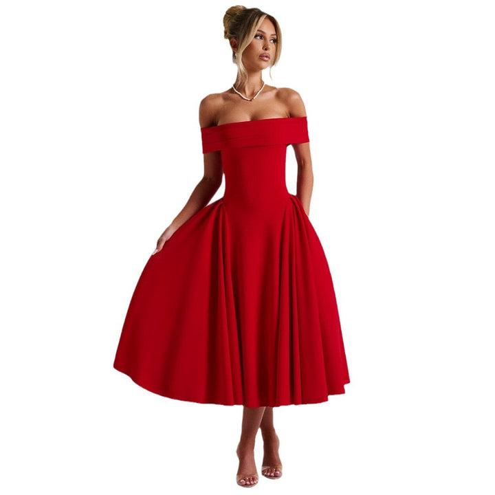 Robe midi femme élégance – épaules dénudées, coupe trapèze, tissu structuré