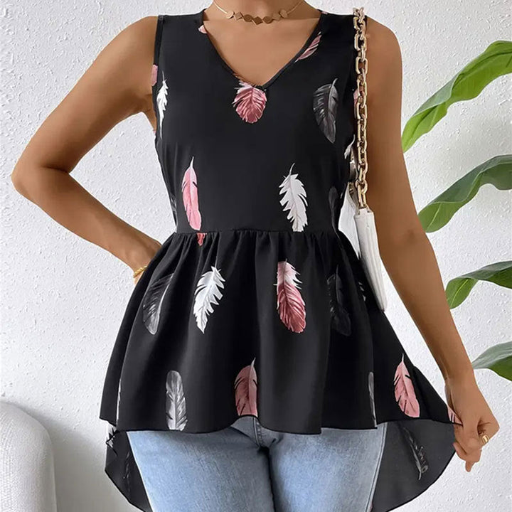 Camicia da donna leggera con scollo a V e stampa di piume – Leggera, traspirante e versatile