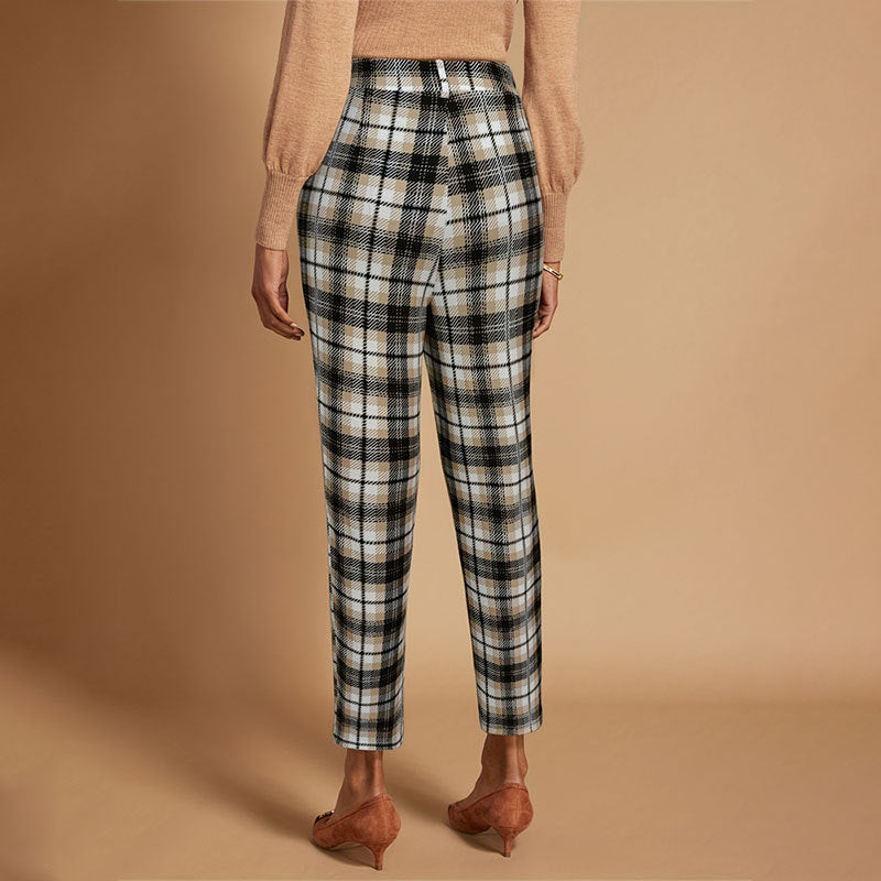 Pantaloni da donna a quadri in tessuto con vita alta e taglio dritto