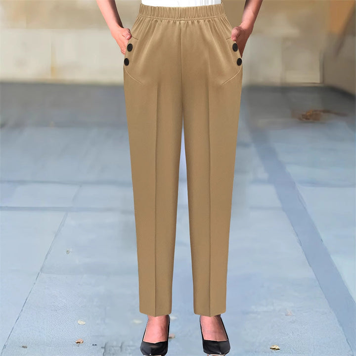 Pantaloni eleganti da donna a vita alta con dettagli decorativi a bottoni