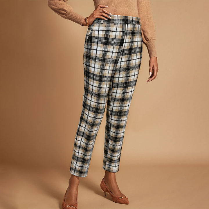 Pantaloni da donna a quadri in tessuto con vita alta e taglio dritto