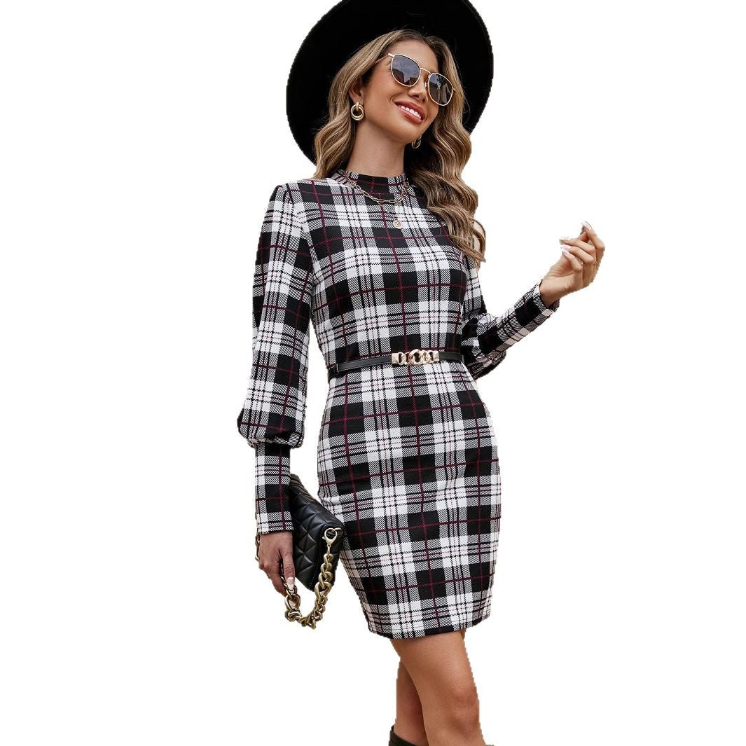 Women's mini dress in a modern check pattern with a trendy waist belt and elegant puff sleeves