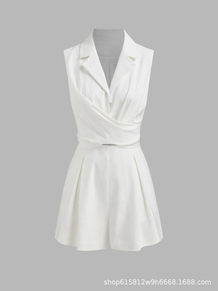 Damen eleganter kurzer Jumpsuit mit Wickeldesign und Kragen