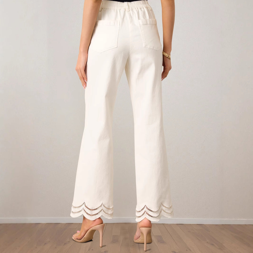 Pantaloni eleganti da donna, taglio ampio con rifinitura decorativa in pizzo