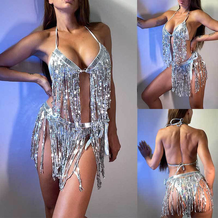 Bikini da donna con paillettes scintillanti e frange eleganti