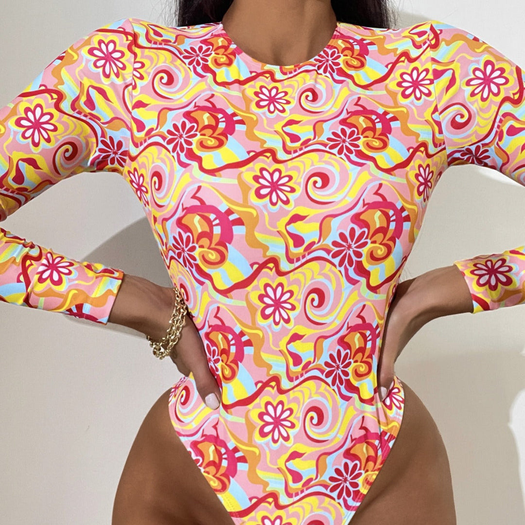 Costume da bagno da donna con manica lunga e motivo vivace