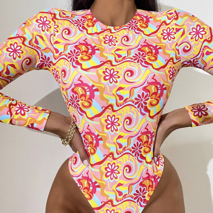 Costume da bagno da donna con manica lunga e motivo vivace