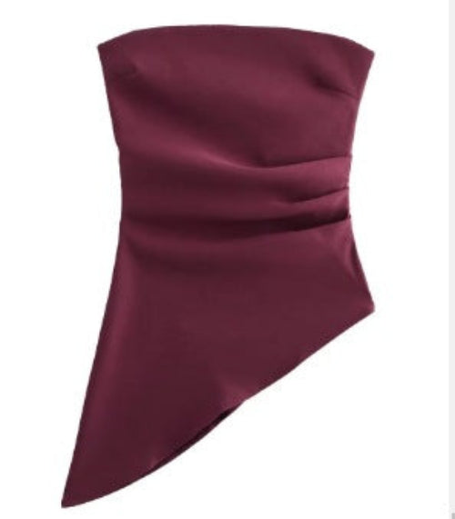 Top asimmetrico da donna in tessuto setoso con drappeggio