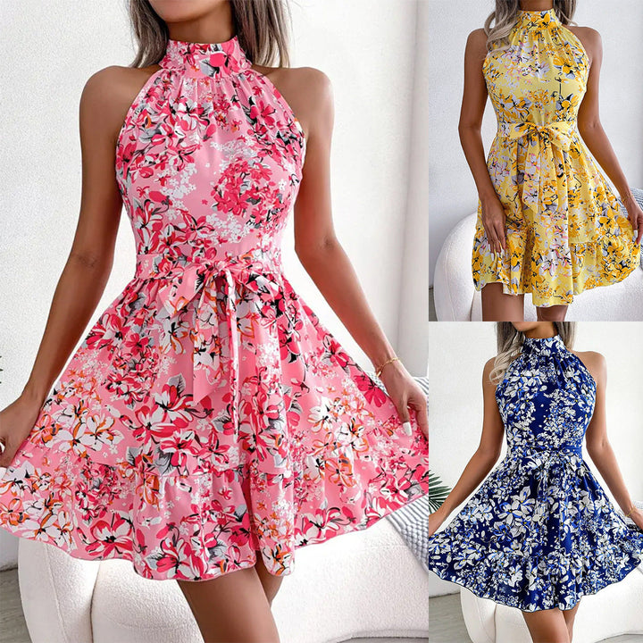 Damen verspieltes Sommerkleid mit hochgeschlossenem Ausschnitt und raffiniertem Blumendruck