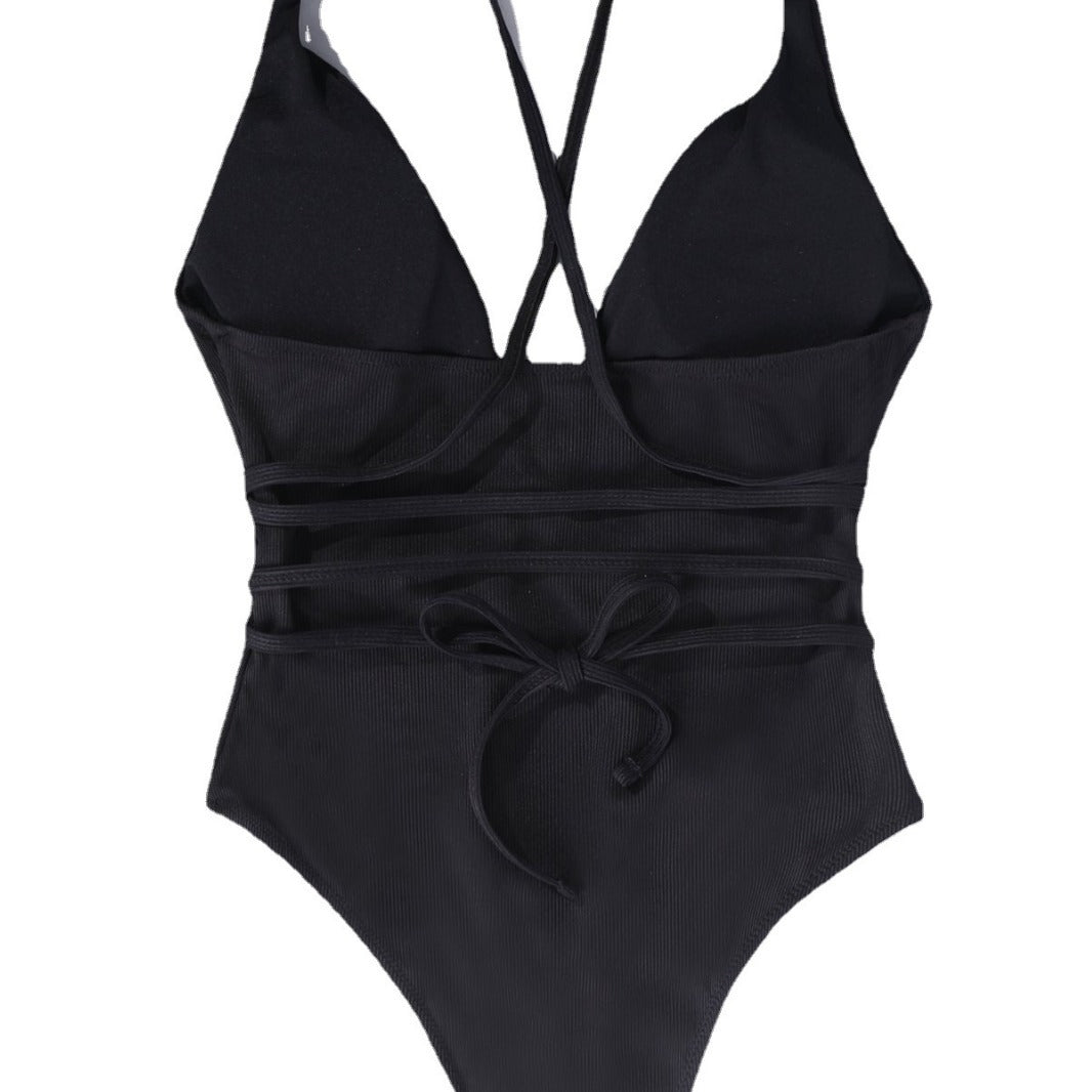 Damen einteiliger Badeanzug mit tiefem V-Ausschnitt und trendigem Rücken-Design