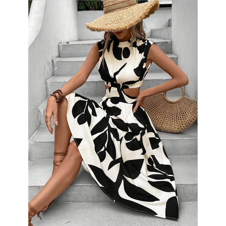 Abito midi da donna con dettagli cut-out e elegante stampa a foglie