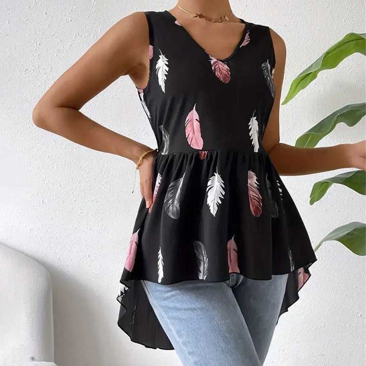 Camicia da donna leggera con scollo a V e stampa di piume – Leggera, traspirante e versatile