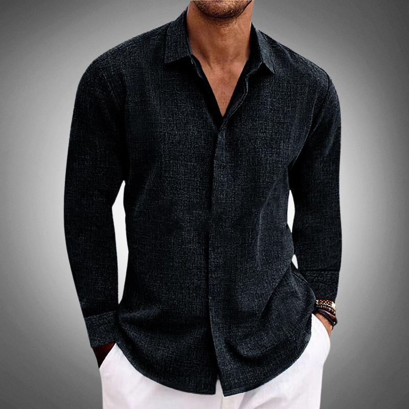 Chemise décontractée homme – Chemise en lin à manches longues avec col montant et patte de boutonnage pour printemps et été