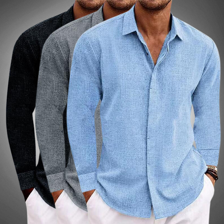 Chemise décontractée homme – Chemise en lin à manches longues avec col montant et patte de boutonnage pour printemps et été