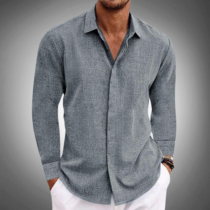 Chemise décontractée homme – Chemise en lin à manches longues avec col montant et patte de boutonnage pour printemps et été