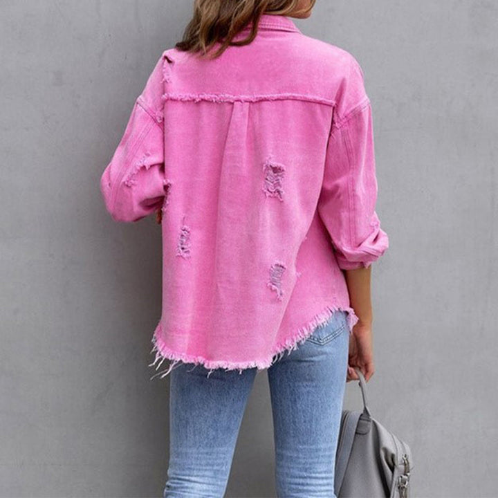 Damen Oversize Jeansjacke mit Fransen – Vintage Look & Destroyed Details
