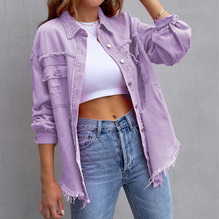 Damen Oversize Jeansjacke mit Fransen – Vintage Look & Destroyed Details