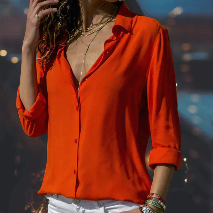 Camicia bianca da donna con scollo a V – Elegante camicia da ufficio e tempo libero