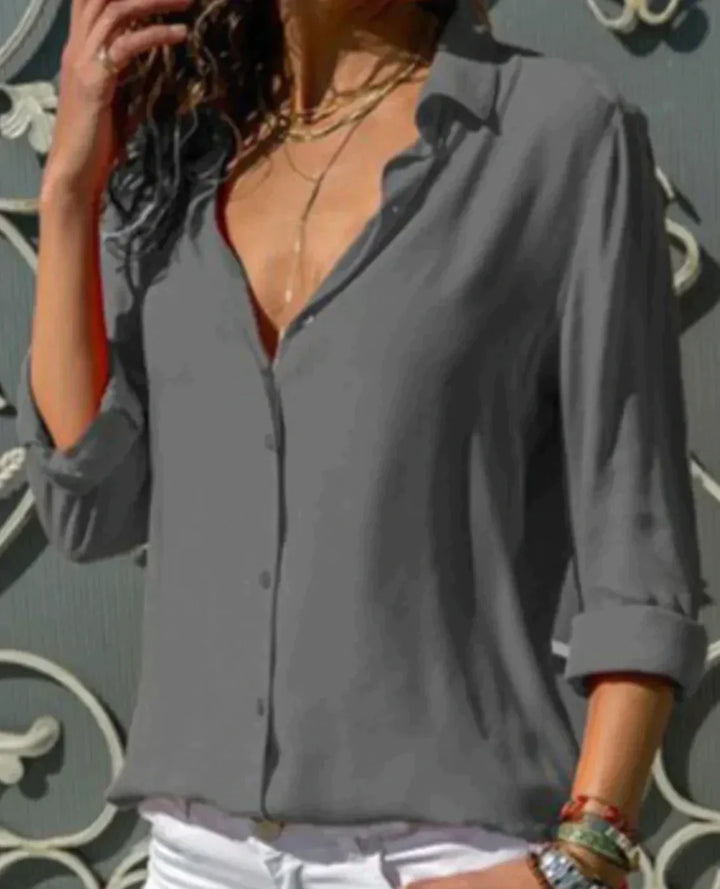 Camicia bianca da donna con scollo a V – Elegante camicia da ufficio e tempo libero