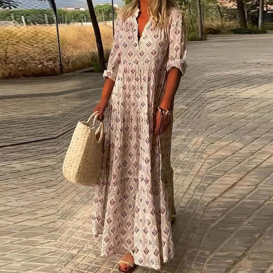 Damen Boho Maxikleid mit Print & V-Ausschnitt – Lockeres Sommerkleid mit 3/4-Ärmeln für Strand, Urlaub & Alltag