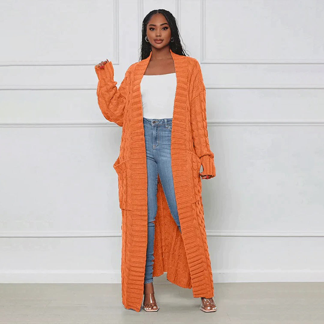 Cardigan long en maille pour femmes avec motif torsadé – Manteau oversize ouvert pour automne & hiver