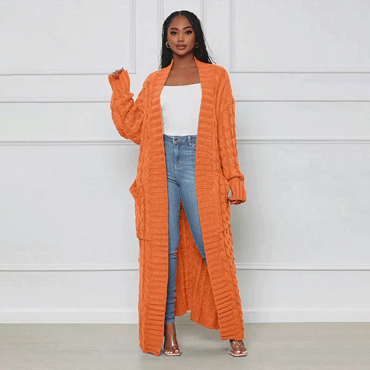 Cardigan long en maille pour femmes avec motif torsadé – Manteau oversize ouvert pour automne & hiver