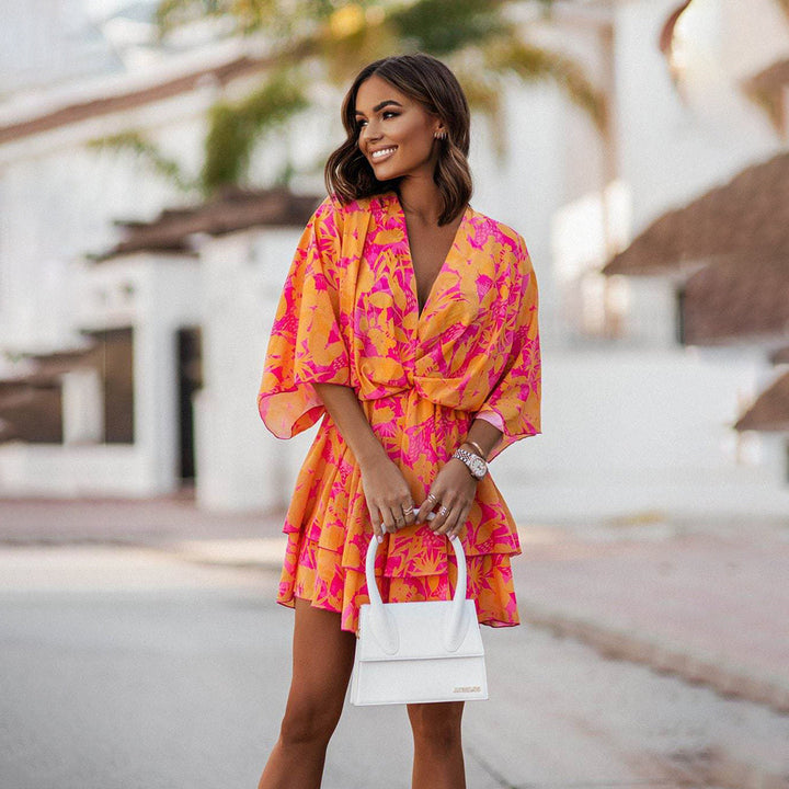 Vestito estivo donna corto – vestito mini arioso con motivo floreale e scollo a V, ideale per vacanze e spiaggia