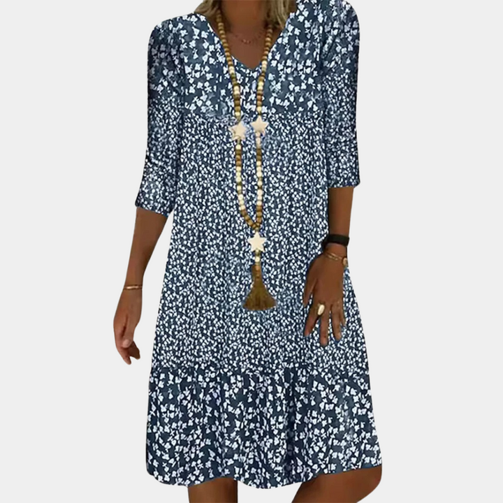 Lässiges Damen Sommerkleid mit Blumendruck – Lockeres Boho Kleid mit 3/4-Ärmeln für Urlaub & Alltag
