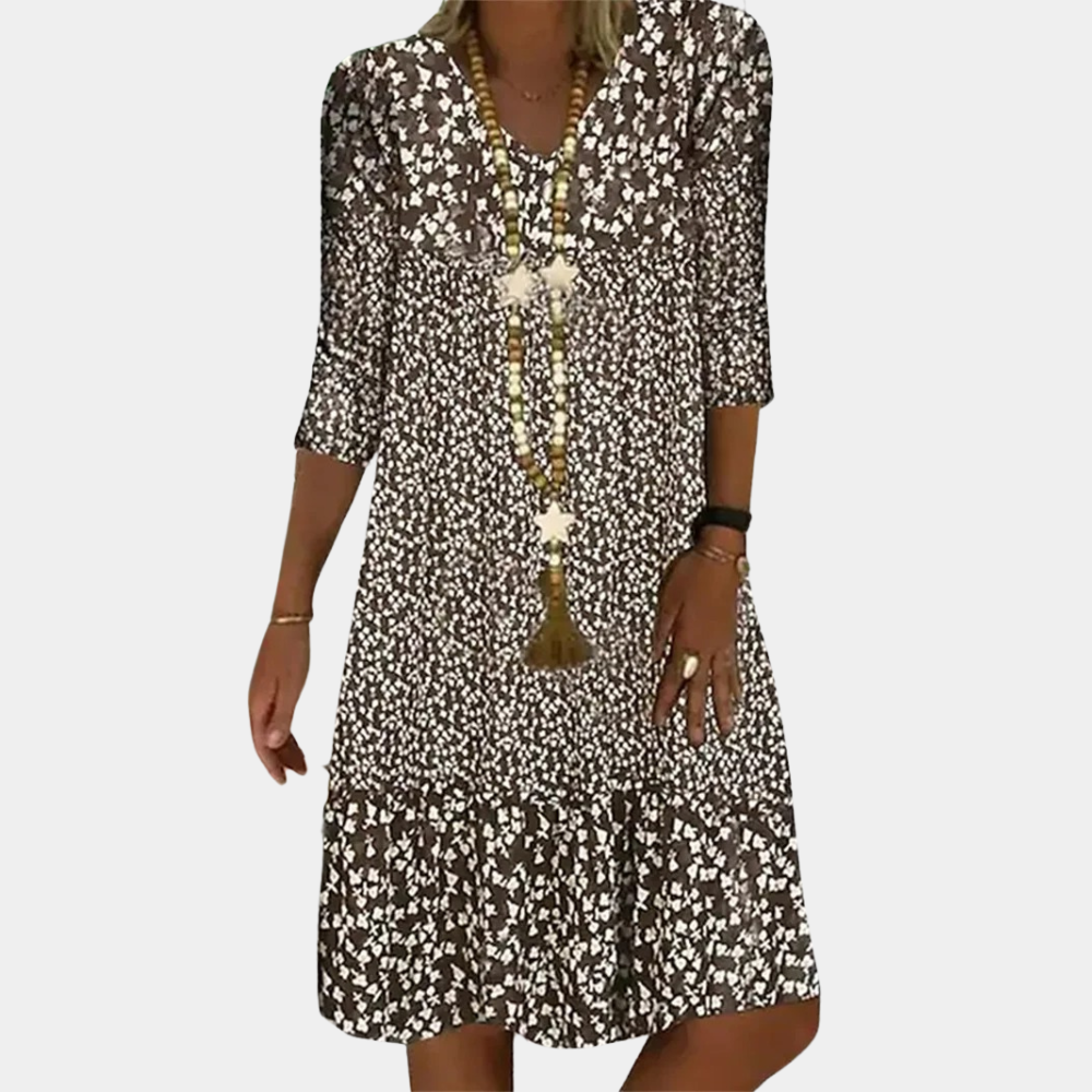 Lässiges Damen Sommerkleid mit Blumendruck – Lockeres Boho Kleid mit 3/4-Ärmeln für Urlaub & Alltag