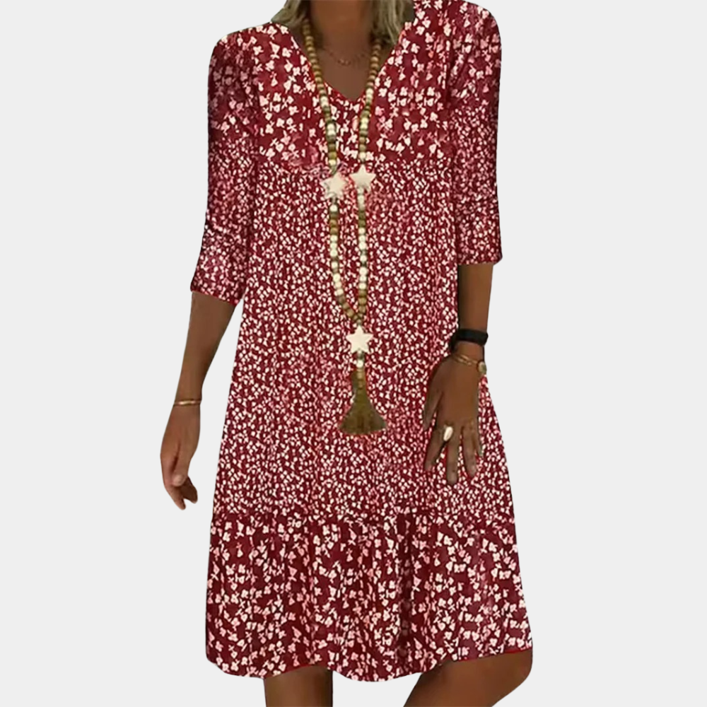 Lässiges Damen Sommerkleid mit Blumendruck – Lockeres Boho Kleid mit 3/4-Ärmeln für Urlaub & Alltag