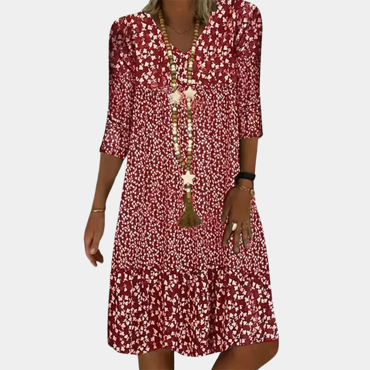 Lässiges Damen Sommerkleid mit Blumendruck – Lockeres Boho Kleid mit 3/4-Ärmeln für Urlaub & Alltag