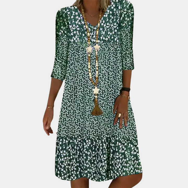 Lässiges Damen Sommerkleid mit Blumendruck – Lockeres Boho Kleid mit 3/4-Ärmeln für Urlaub & Alltag