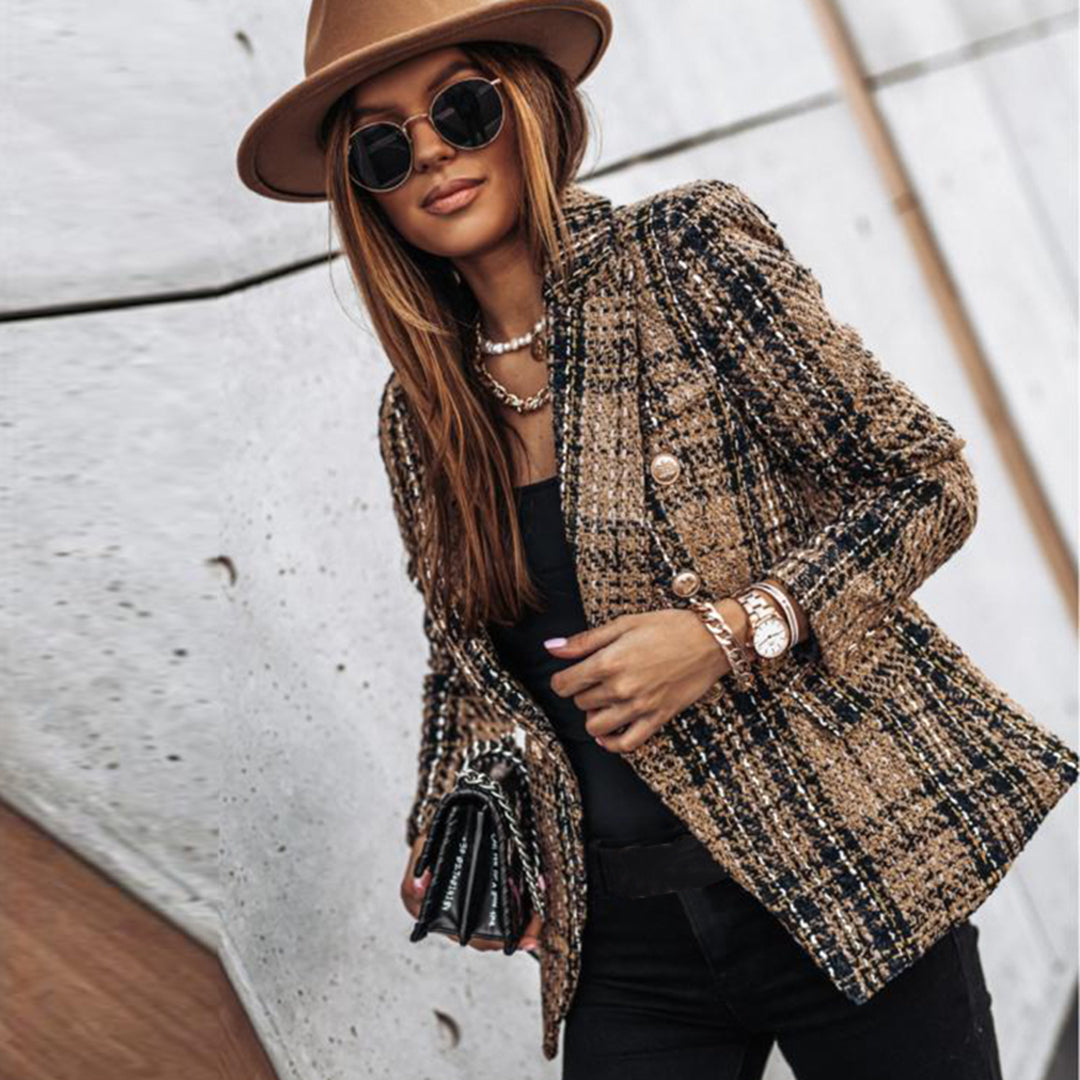 Blazer en tweed à carreaux pour femmes avec boutons dorés – élégant blazer croisé style vintage