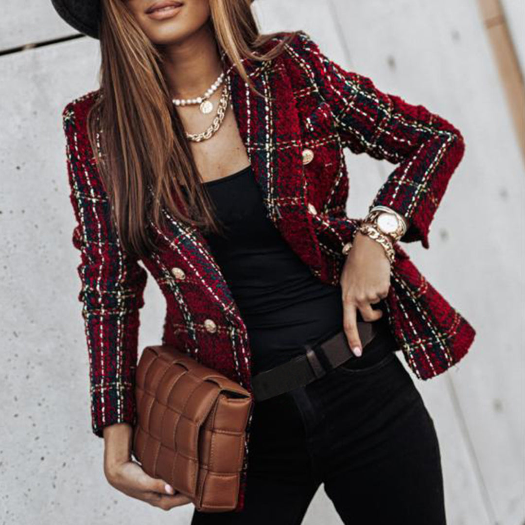 Blazer en tweed à carreaux pour femmes avec boutons dorés – élégant blazer croisé style vintage