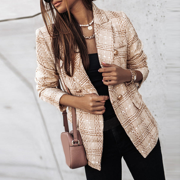 Blazer en tweed à carreaux pour femmes avec boutons dorés – élégant blazer croisé style vintage