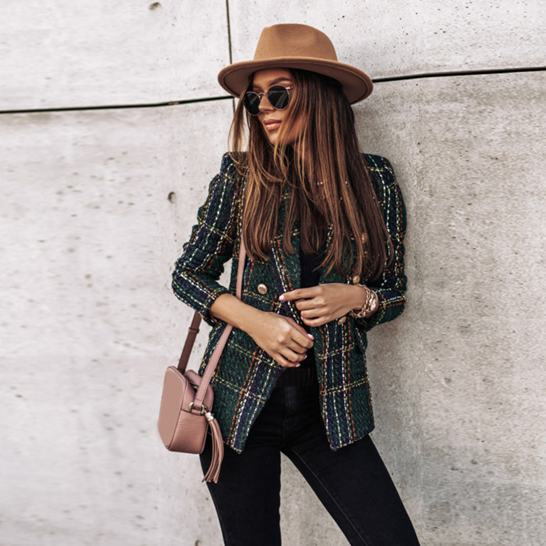 Blazer en tweed à carreaux pour femmes avec boutons dorés – élégant blazer croisé style vintage