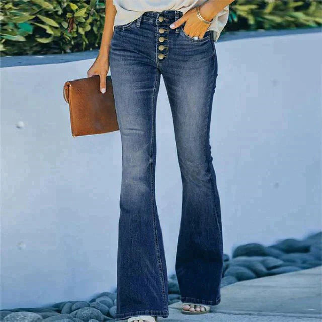 Jeans a zampa a vita alta alla moda per donna con patta con bottoni, taglio aderente e gamba svasata per uno stile retrò