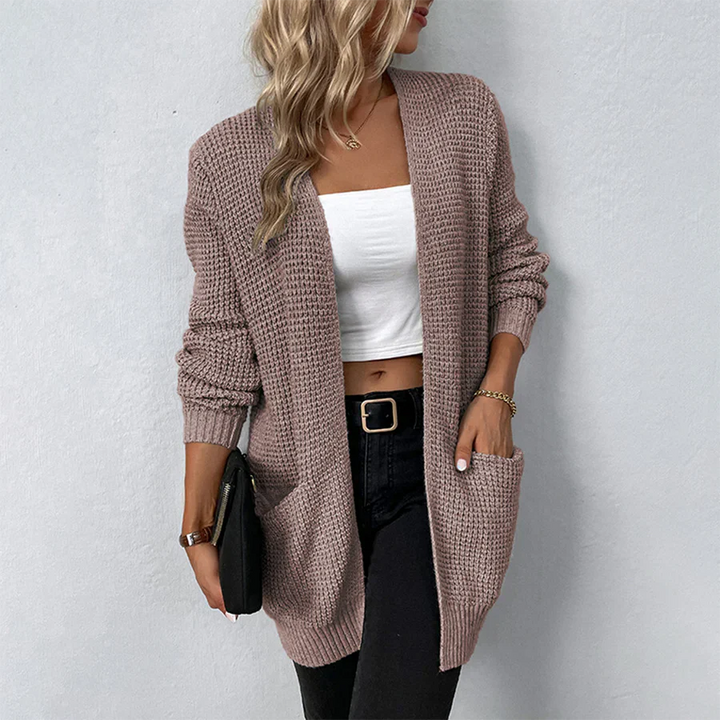 Cardigan en maille pour femmes en vert olive – Long manteau en grosse maille avec poches & coupe ouverte – Veste de transition confortable pour l'automne & l'hiver