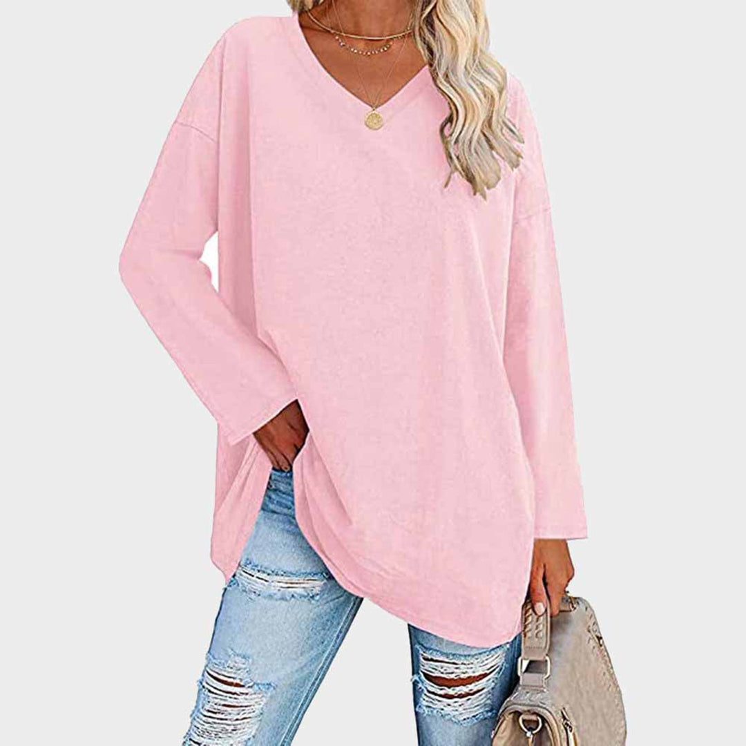 Maglia oversize da donna a manica lunga con scollo a V – Top basic casual a maniche lunghe