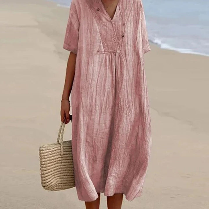 Abito estivo da donna in lino – abito da spiaggia ampio con scollo a V e maniche corte, lunghezza midi