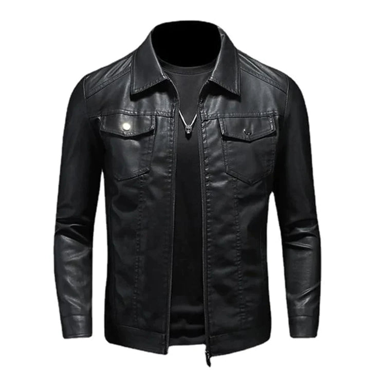 Veste en cuir homme slim fit – veste biker avec fermeture éclair et poches poitrine style streetwear