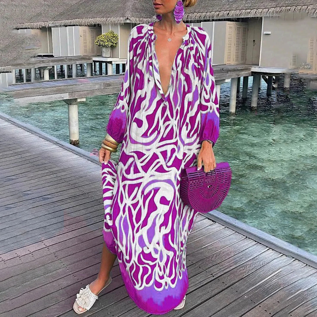 Kaftano Boho Abito lungo donna – Vestito estivo ampio con scollo a V profondo e motivo etnico