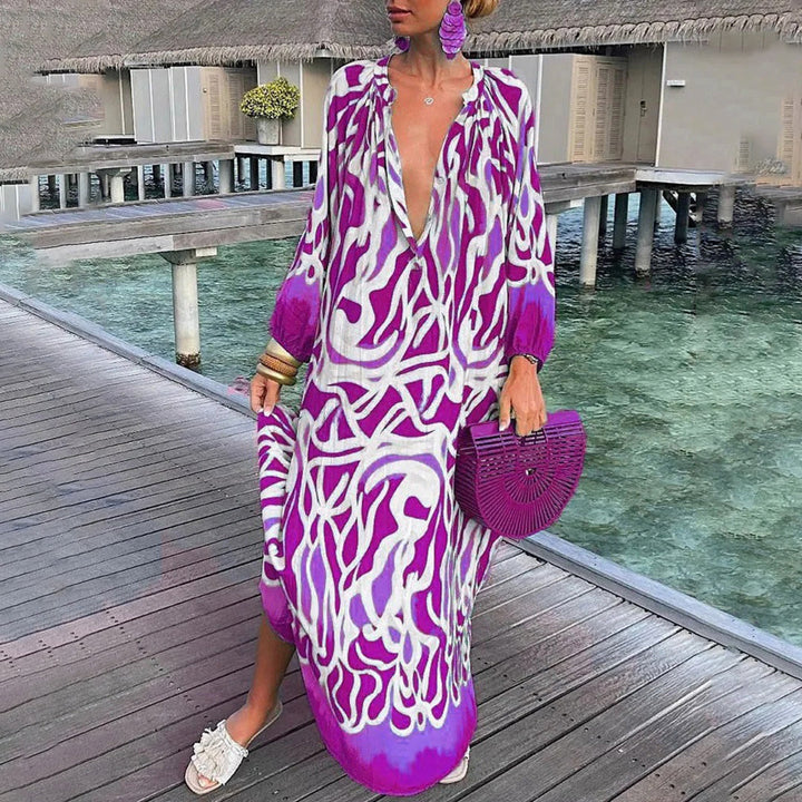 Kaftano Boho Abito lungo donna – Vestito estivo ampio con scollo a V profondo e motivo etnico