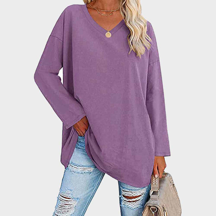 Maglia oversize da donna a manica lunga con scollo a V – Top basic casual a maniche lunghe