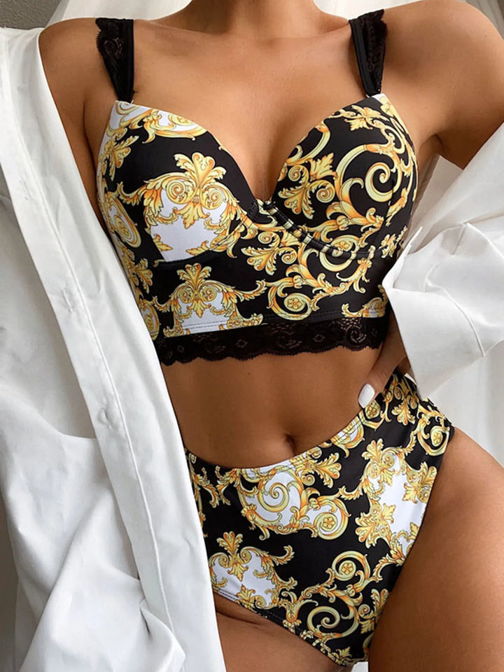 Set bikini da donna in stile barocco con top push-up e vita alta – elegante e sexy per spiaggia e piscina