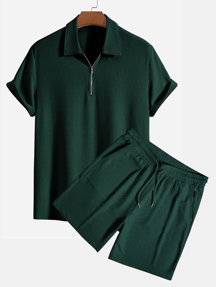 Ensemble d'été homme 2 pièces – T-shirt à manches courtes avec fermeture éclair & short en tissu côtelé